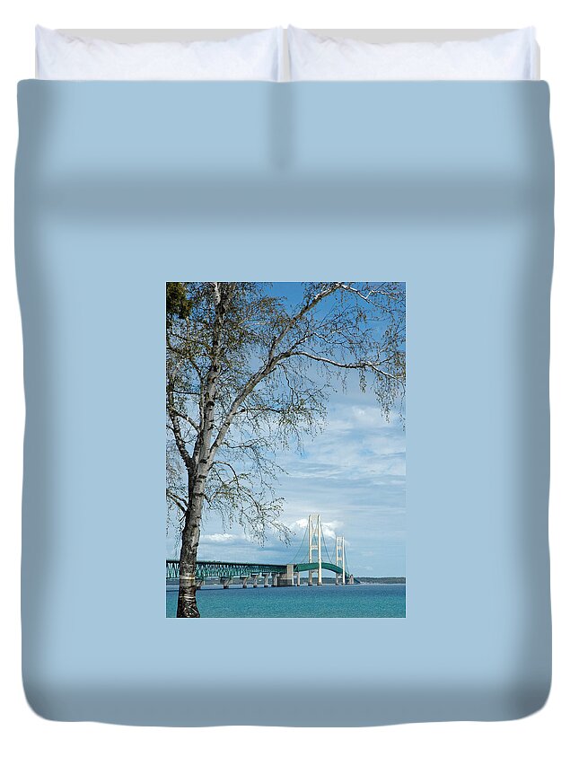 Usa Duvet Cover featuring the photograph Mackinac Bridge Birch by LeeAnn McLaneGoetz McLaneGoetzStudioLLCcom