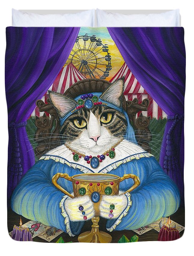 Fortune Teller Cat Duvet Cover featuring the painting Madame Zoe Teller of Fortunes - Queen of Cups Cat by Carrie Hawks