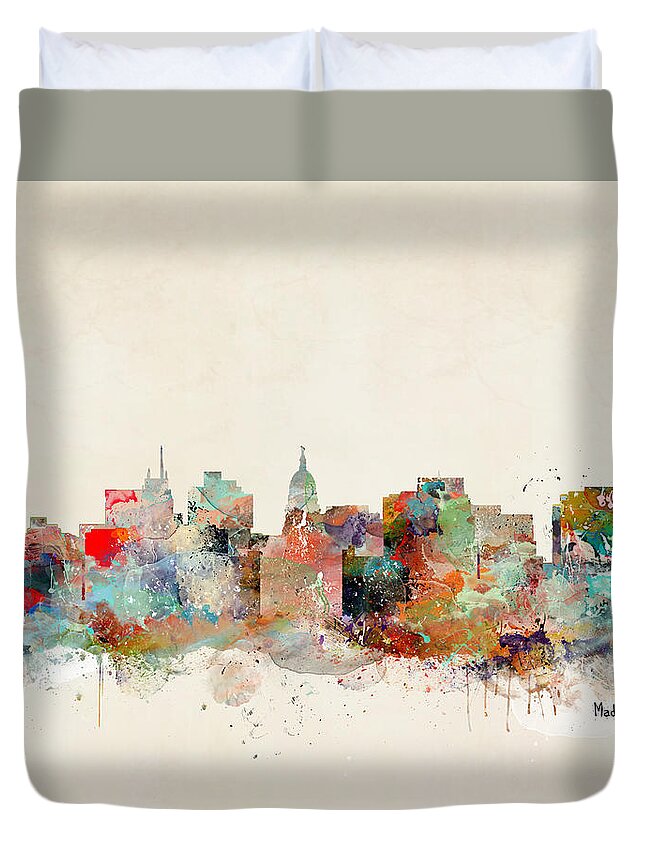 Madison City Duvet Cover featuring the painting Madison City Skyline by Bri Buckley
