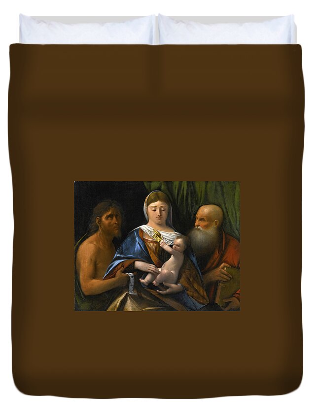 Dosso Dossi Duvet Cover featuring the painting Madonna and Child with Saints John the Baptist and Jerome by Dosso Dossi