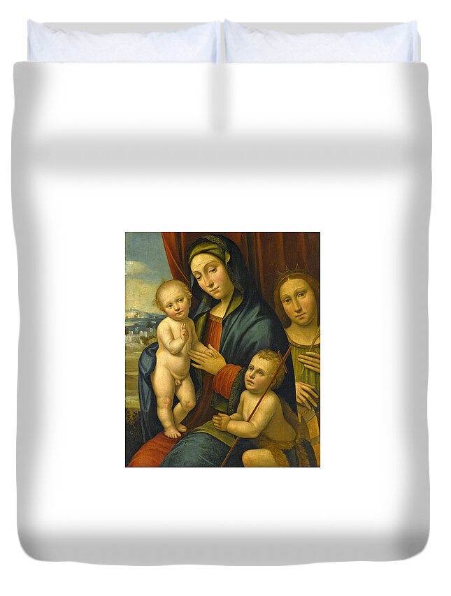 Bartolomeo Ramenghi Duvet Cover featuring the painting Madonna and Child with the Infant Saint John the Baptist and Saint Catherine of Siena by Bartolomeo Ramenghi