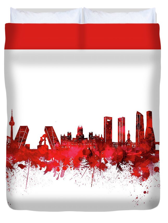 Madrid Duvet Cover featuring the digital art Madrid City Skyline Watercolor Red by Bekim M