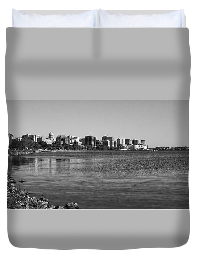 Capitol Duvet Cover featuring the photograph Madison Skyline from John Nolan Drive - Black and White by Steven Ralser