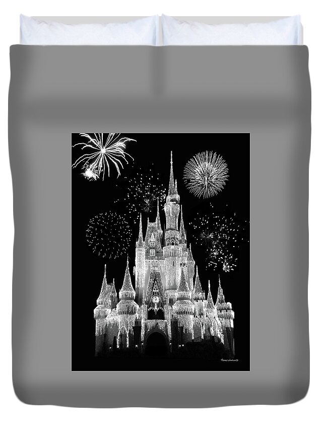 Black And White Duvet Cover featuring the photograph Magic Kingdom Castle in Black and White with Fireworks Walt Disney World MP by Thomas Woolworth