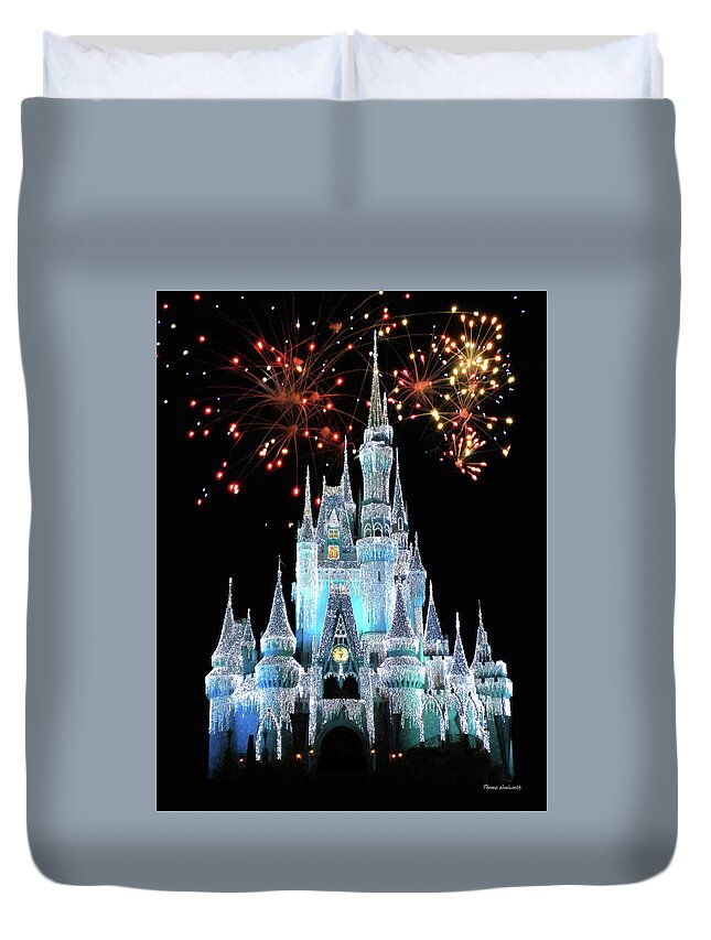Castle Duvet Cover featuring the photograph Magic Kingdom Castle In Frosty Light Blue with Fireworks 03 MP by Thomas Woolworth