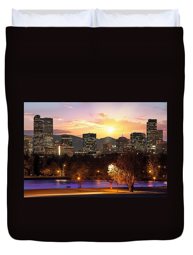 America Duvet Cover featuring the photograph Magical Mountain Sunset - Denver Colorado Downtown Skyline by Gregory Ballos
