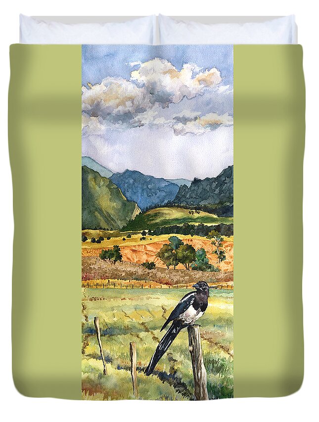 Magpie Painting Duvet Cover featuring the painting Magpie by Anne Gifford