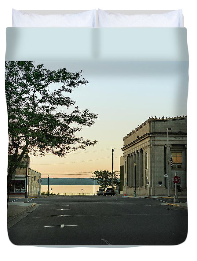  Duvet Cover featuring the photograph Main Street and 4th Avenue Sunset - Ashland, Wisconsin by Gabe Jacobs