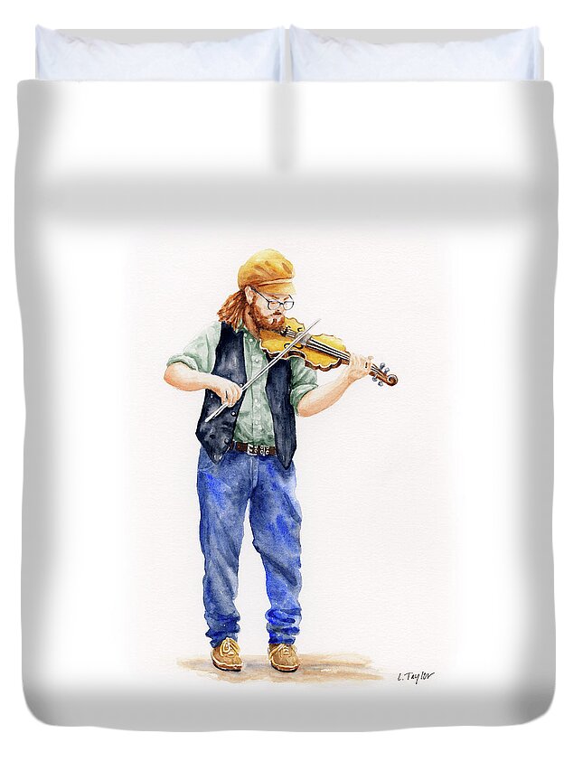 Musician Duvet Cover featuring the painting Main Street Minstrel 1 by Lori Taylor