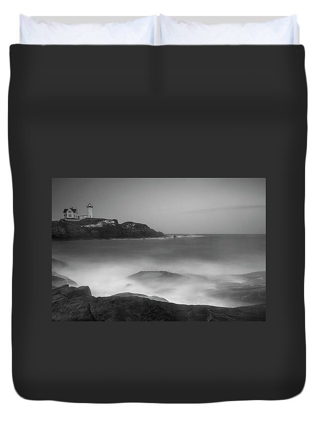 Maine Duvet Cover featuring the photograph Maine Cape Neddick Lighthouse and Rocky Coastal Waves BW by Ranjay Mitra