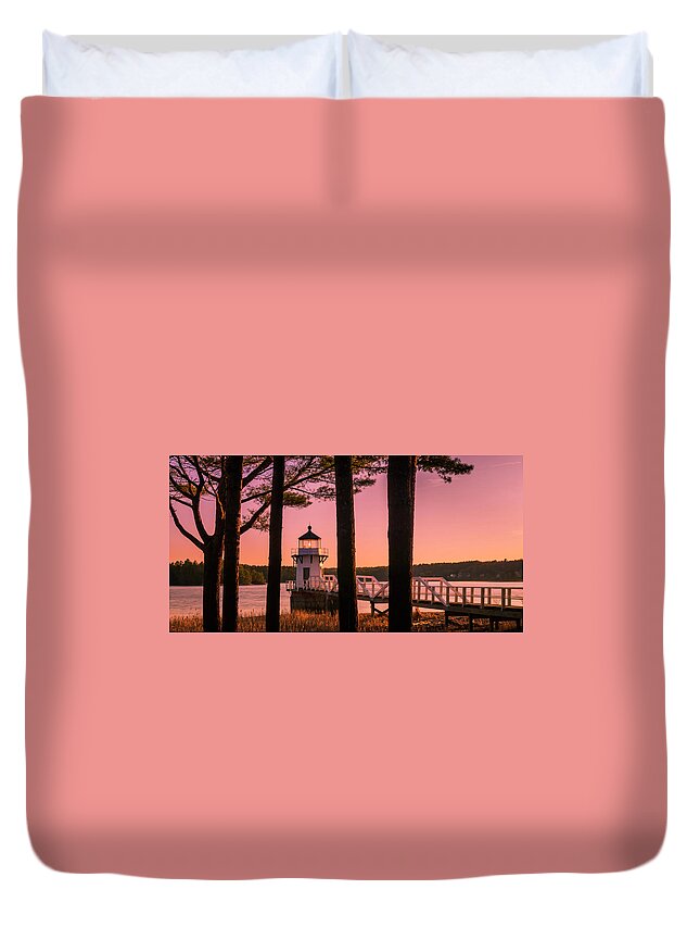 Maine Duvet Cover featuring the photograph Maine Doubling Point Lighthouse at Sunset Panorama by Ranjay Mitra