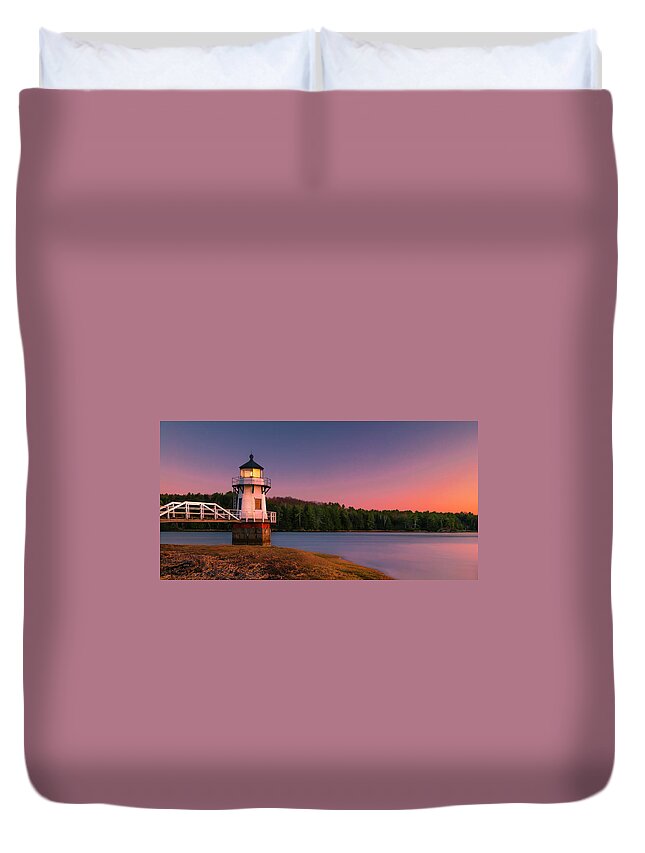 Maine Duvet Cover featuring the photograph Maine Doubling Point Lighthouse in New Brunswick on Kennebeck River Sunset by Ranjay Mitra