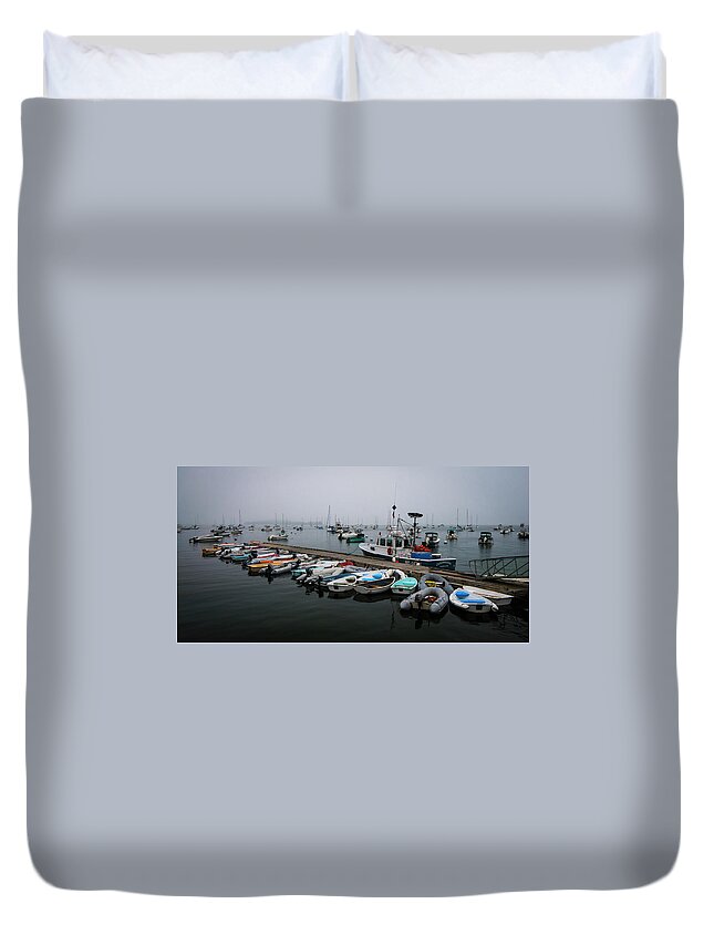 Maine Duvet Cover featuring the photograph Maine Falmouth Boat Landing on Misty Morning Panorama by Ranjay Mitra