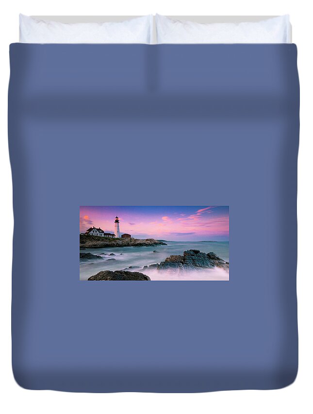 Maine Duvet Cover featuring the photograph Maine Portland Headlight Lighthouse at Sunset Panorama by Ranjay Mitra