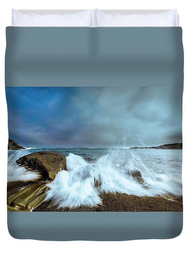 Maine Duvet Cover featuring the photograph Maine Rocky Coast during Storm at Two Lights by Ranjay Mitra
