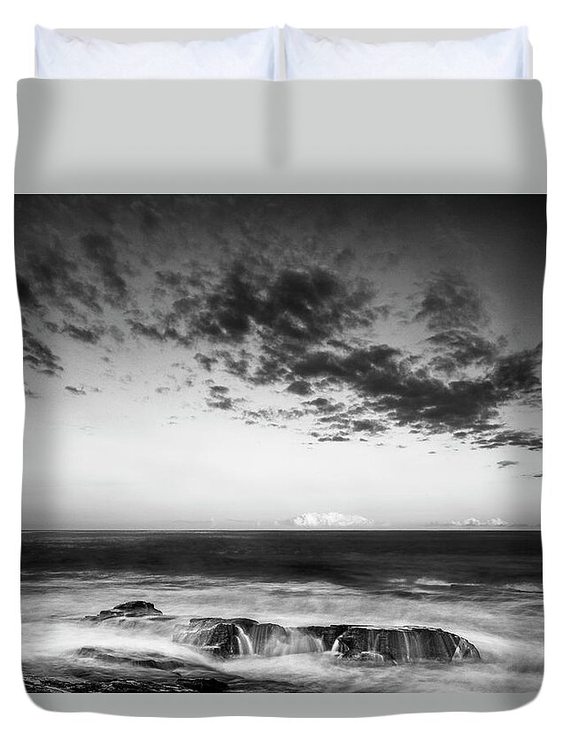 Maine Duvet Cover featuring the photograph Maine Rocky Coast with Boulders and Clouds at Two Lights Park by Ranjay Mitra