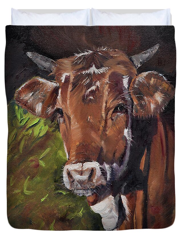 Brown Cow Duvet Cover featuring the painting Maisy the Cow- Brown Cow - Moo by Jan Dappen