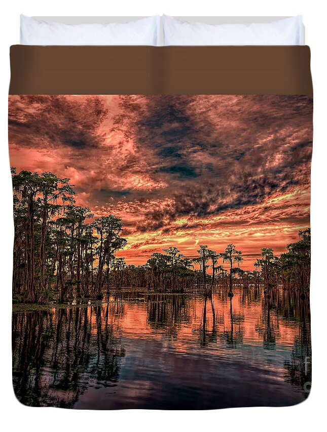 Sunsets Duvet Cover featuring the photograph Majestic Cypress Paradise Sunset by DB Hayes