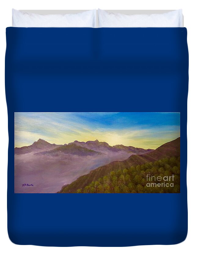 Panaromic View Sunrise Morning Superior View Mountains Evergreen Trees Mist Valley Bright Morning Sun Burst Of Light Sunrise Painting Mountain Nature Scene Acrylics Duvet Cover featuring the painting Majestic Morning Sunrise by Kimberlee Baxter