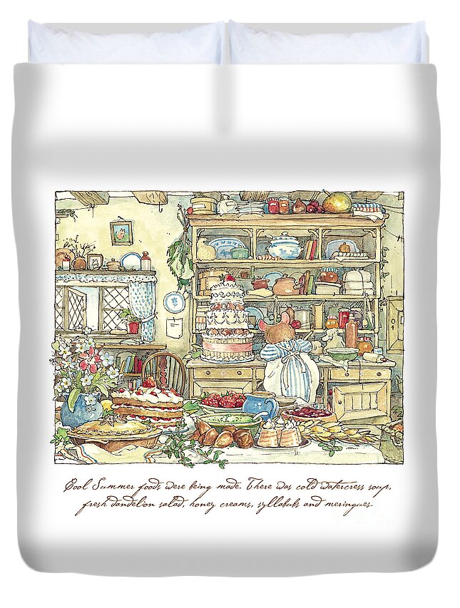 Brambly Hedge Duvet Cover featuring the drawing Making the wedding cake by Brambly Hedge