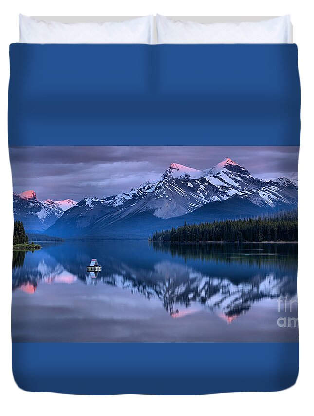 Maligne Lake Duvet Cover featuring the photograph Maligne Lake Purple And Pink by Adam Jewell