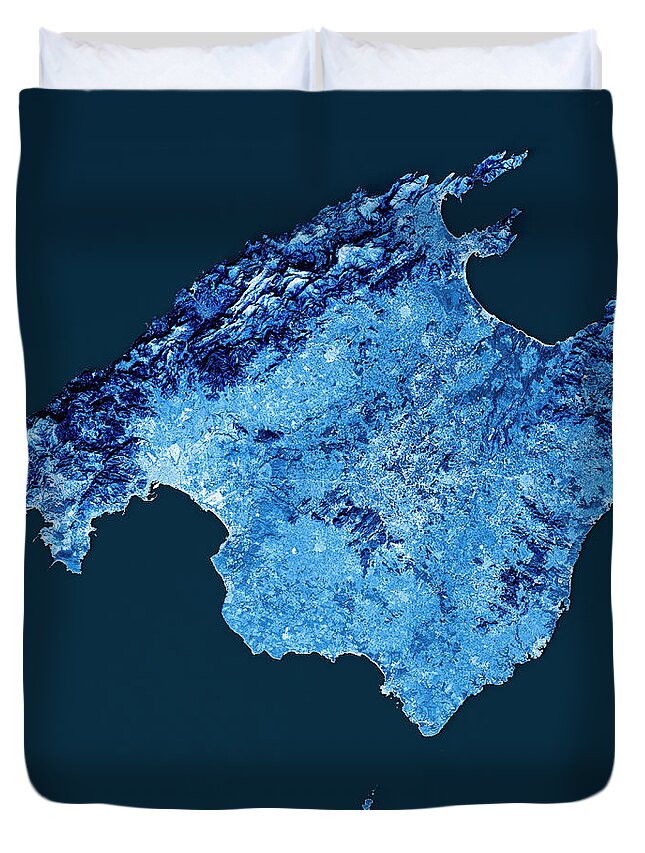 Mallorca Duvet Cover featuring the digital art Mallorca Island Topographic Map Blue Color Top View by Frank Ramspott