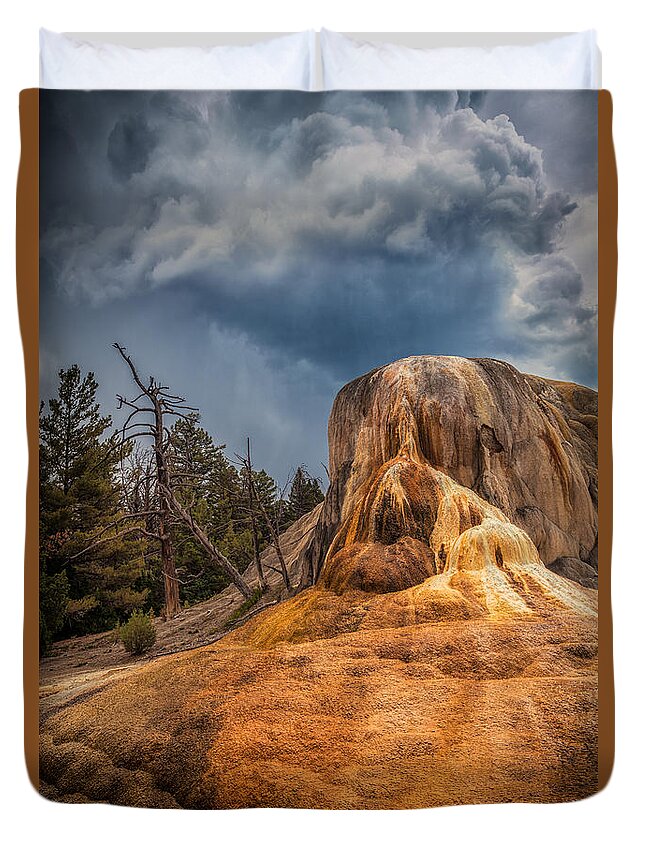 Mammoth Hot Springs Duvet Cover featuring the photograph Mammoth Under Storm by Rikk Flohr