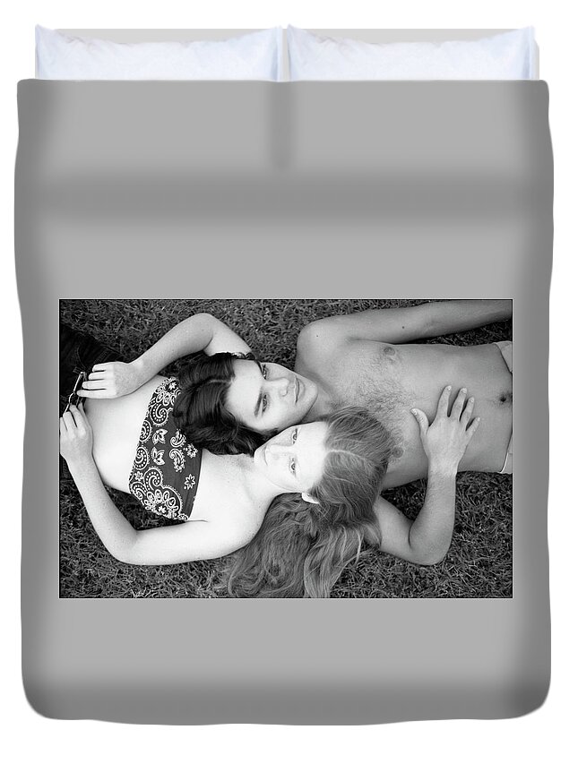 Heads Duvet Cover featuring the photograph Man and Woman, Head-to-Head, 1973 by Jeremy Butler