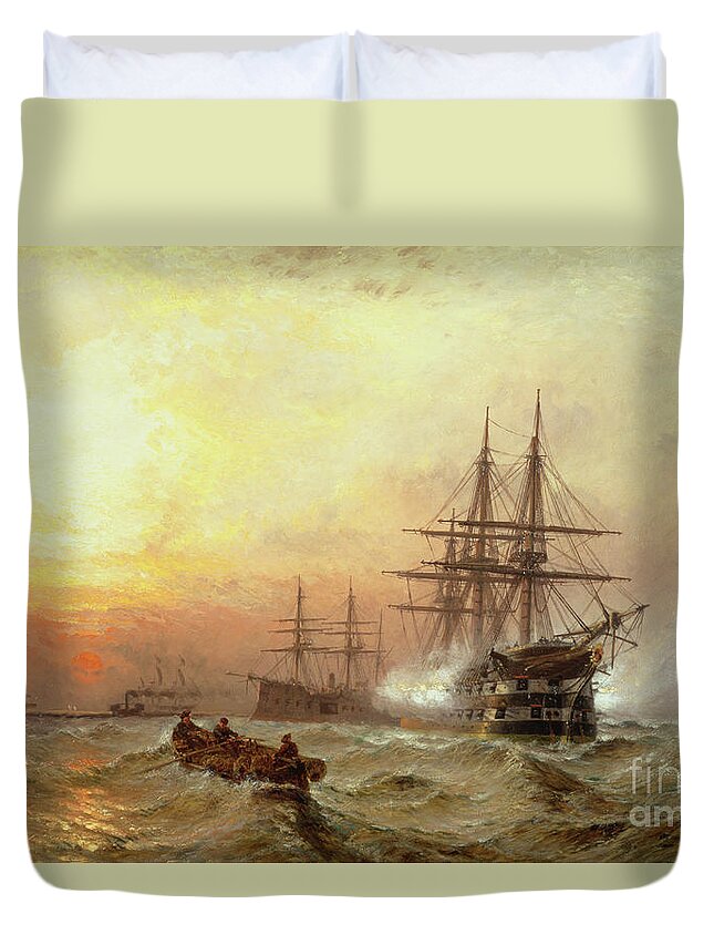 Man-o Duvet Cover featuring the painting Man o War firing a salute at sunset by Claude T Stanfield Moore