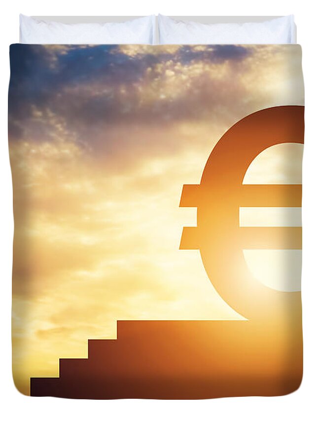 Man Duvet Cover featuring the photograph Man standing in front of stairs with euro sign on top by Michal Bednarek