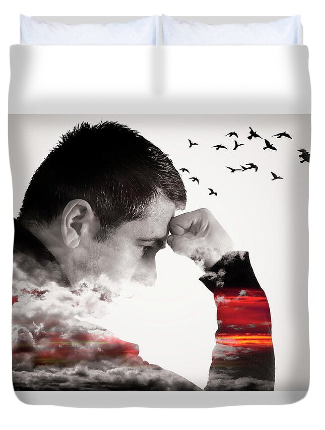 Thinking Duvet Cover featuring the photograph Man Thinking Double Exposure with Birds by John Williams
