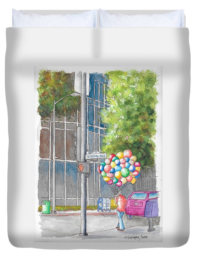 Man With Balloons Duvet Cover featuring the painting Man with balloons in Wilshire Blvd., Beverly Hills, California by Carlos G Groppa