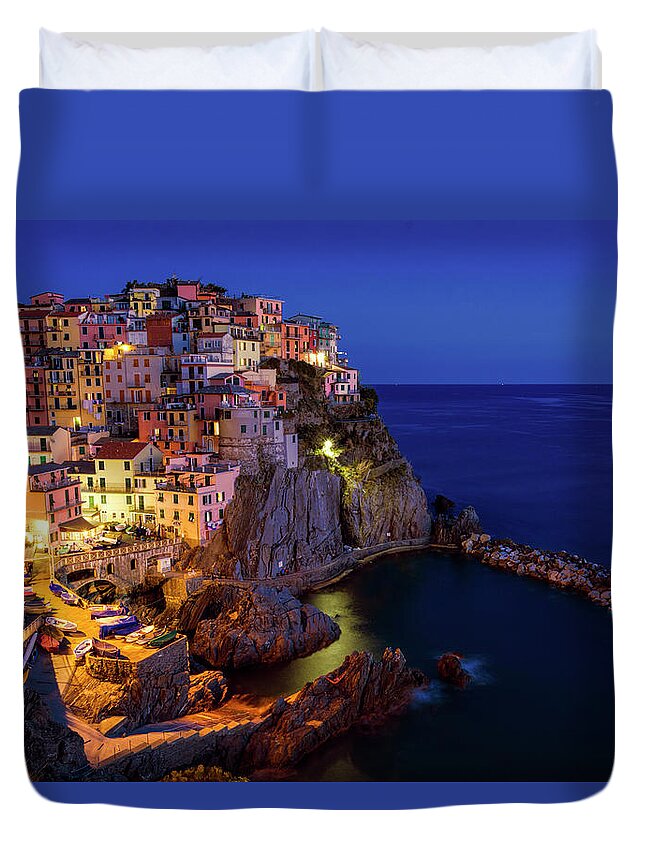 Joan Carroll Duvet Cover featuring the photograph Manarola Cinque Terre Italy Nightfall by Joan Carroll