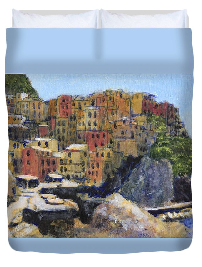 Italian Coasstal Village Duvet Cover featuring the painting Manarola by David Zimmerman