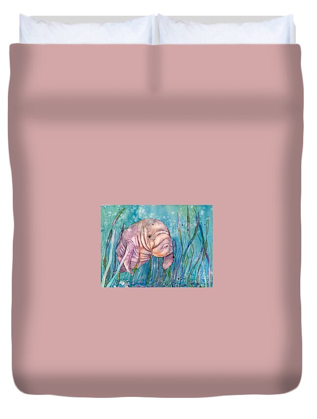 Manatee Duvet Cover featuring the painting Manatee in the sea grass by Midge Pippel