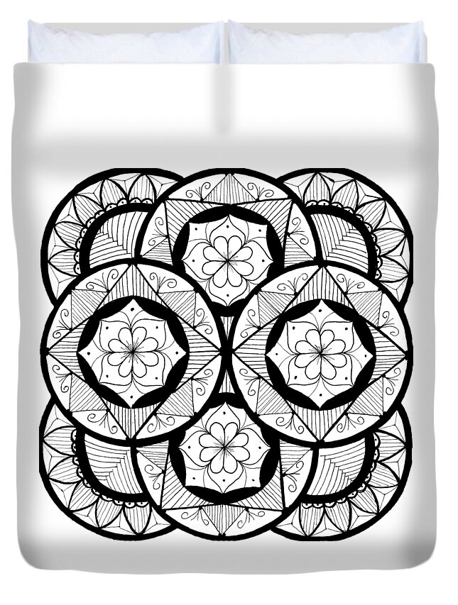 Mandala Duvet Cover featuring the drawing Mandala #7 - Flowers by Eseret Art