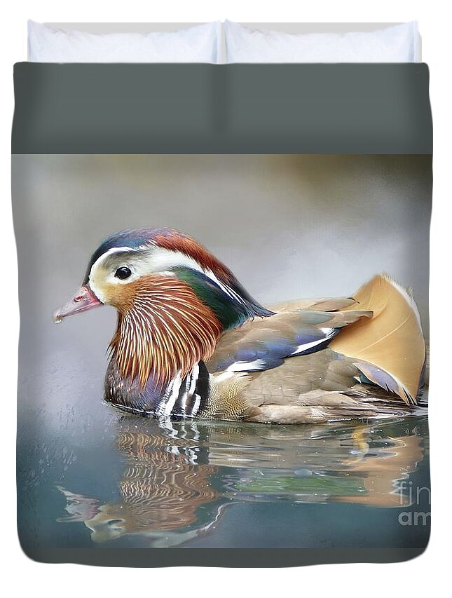 Mandarin Duck Duvet Cover featuring the photograph Mandarin Duck Swimming by Eva Lechner