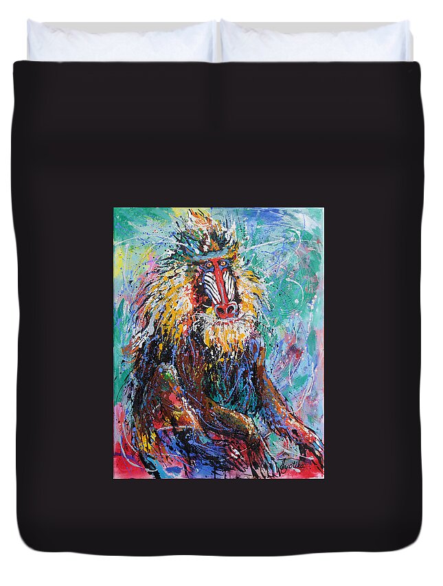 The Mandrill Duvet Cover featuring the painting Mandrill Baboon by Jyotika Shroff