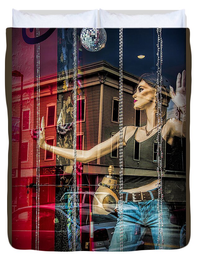 Art Duvet Cover featuring the photograph Mannequin in storefront window display with no escape by Randall Nyhof