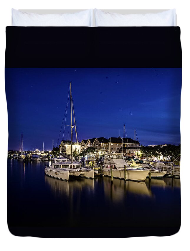 Manteo Waterfront Marina Duvet Cover featuring the photograph Manteo Waterfront Marina at Night by Greg Reed