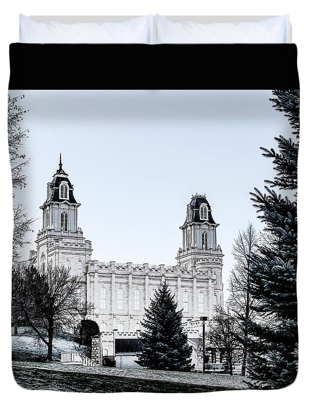 Blue Sky Duvet Cover featuring the digital art Manti Temple on Thanksgiving Morning - Stylized by K Bradley Washburn