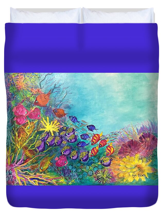 Great Barrier Reef Duvet Cover featuring the painting Many colours by Lyn Olsen