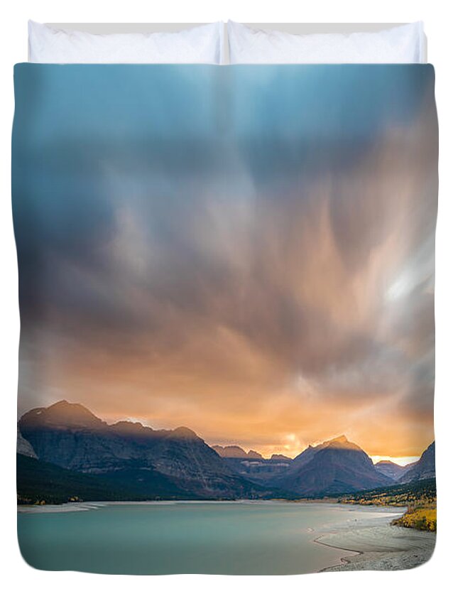 Glacier Duvet Cover featuring the photograph Many Glacier Apocalyptic Sunset by Pierre Leclerc Photography
