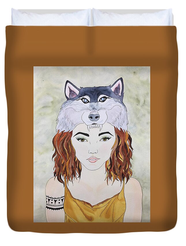 Wolf Woman Duvet Cover featuring the mixed media Many Women by Sonja Jones