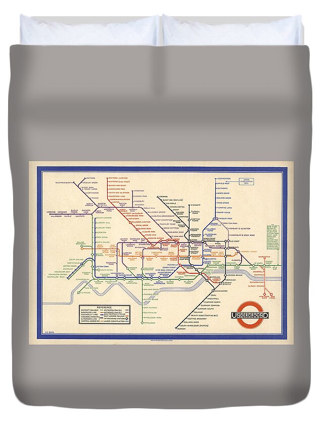 Map Of The London Underground Duvet Cover featuring the drawing Map of the London Underground - London Metro - 1933 - Historical Map by Studio Grafiikka