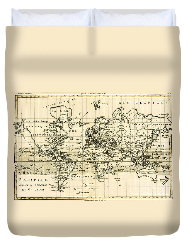 Maps Duvet Cover featuring the drawing Map of the World using the Mercator Projection by Guillaume Raynal