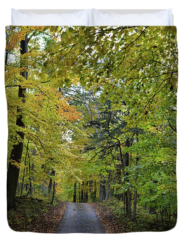 Autumn Duvet Cover featuring the photograph Maple Drive Panorama by Bonfire Photography
