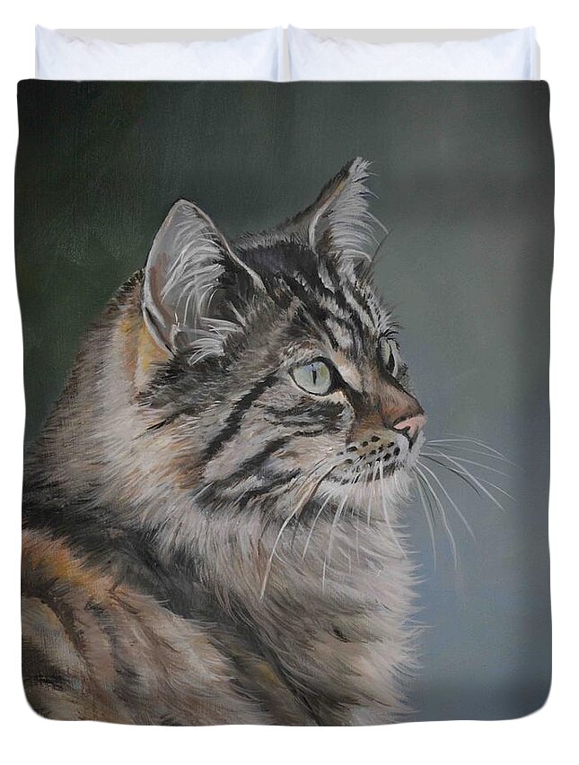 Cat Duvet Cover featuring the painting Marble by Charlotte Yealey