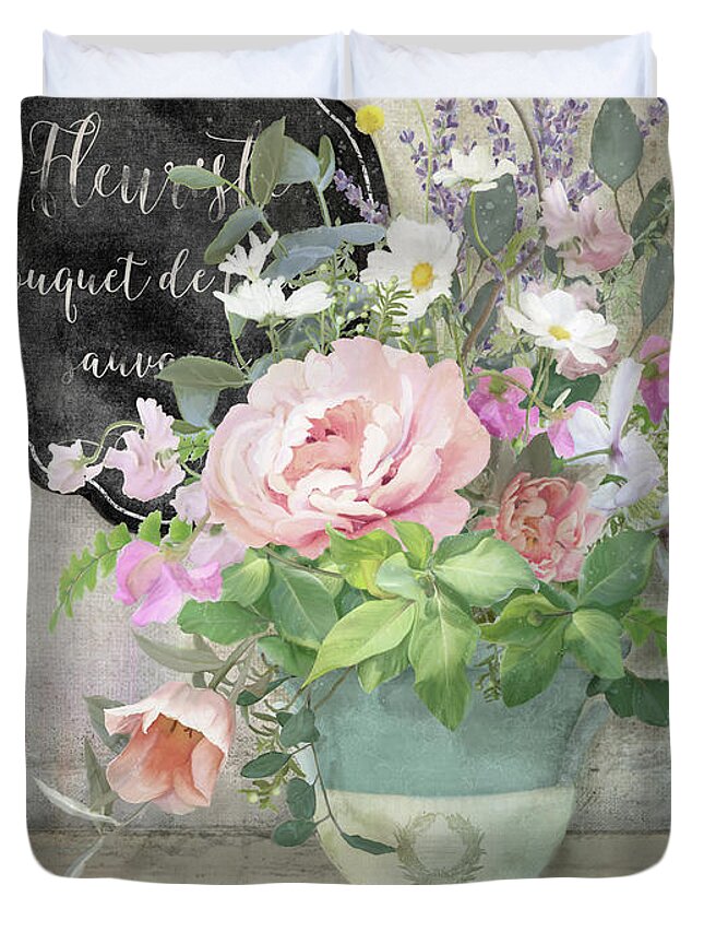 Marche Aux Fleurs Duvet Cover featuring the painting Marche aux Fleurs 3 Peony Tulips Sweet Peas Lavender and Bird by Audrey Jeanne Roberts