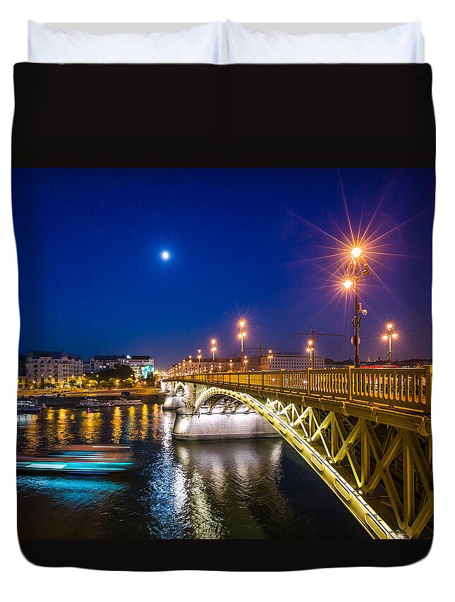 Bridge Duvet Cover featuring the photograph Margaret Bridge at Evening Budapest by Judith Barath
